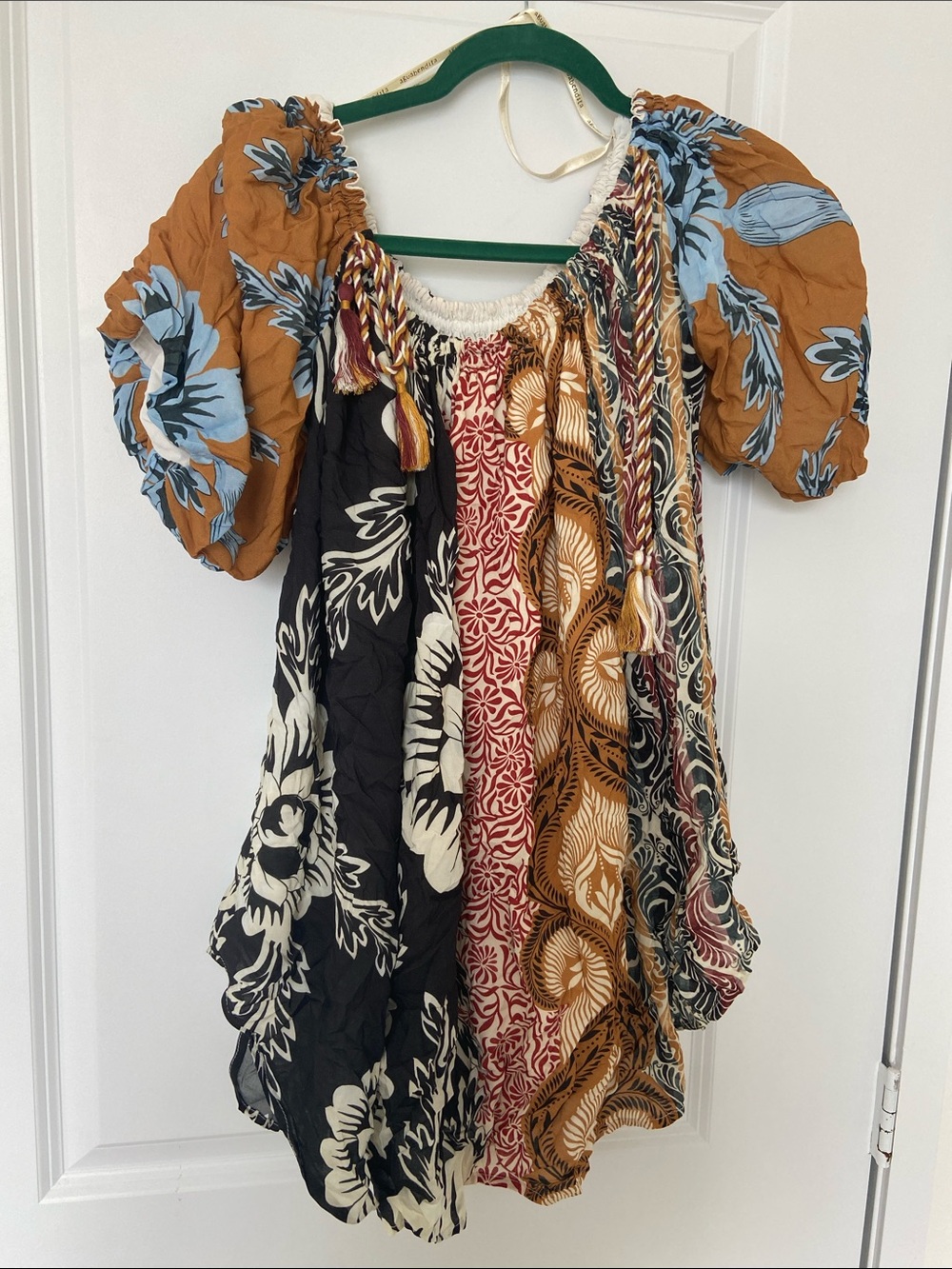 Agua Bendita Patchwork Peasant Tunic — Brown, Black, Blue, Red, Cream